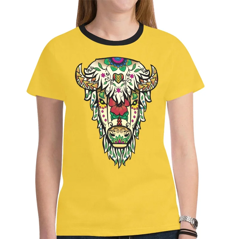 Buffalo Spirit Guide (Yellow) T-shirt for Women Mesh Blend Leather Blend Suede Blend Buffalo Spirit Guide (Yellow) T-shirt for Women Mesh Blend Leather Blend Suede Blend