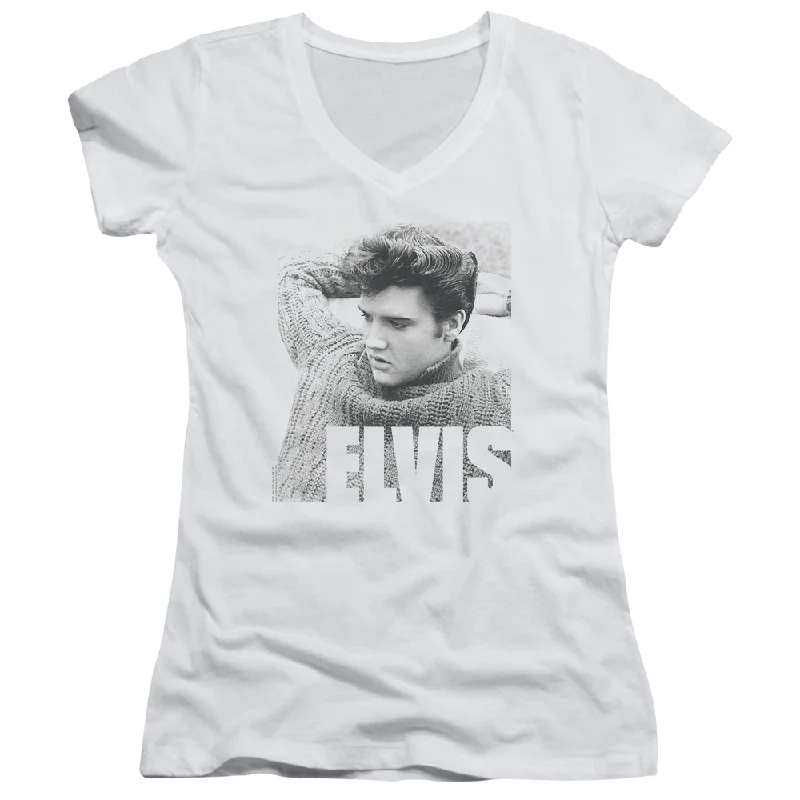 Elvis Presley Relaxing - Juniors V-Neck T-Shirt Spandex Blend Rayon Blend Denim Blend Elvis Presley Relaxing - Juniors V-Neck T-Shirt Spandex Blend Rayon Blend Denim Blend