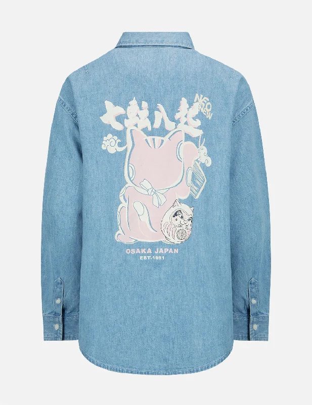Fortune Cat with Daruma Print Denim Shirt Terry Blend Velvet Blend Canvas Blend
