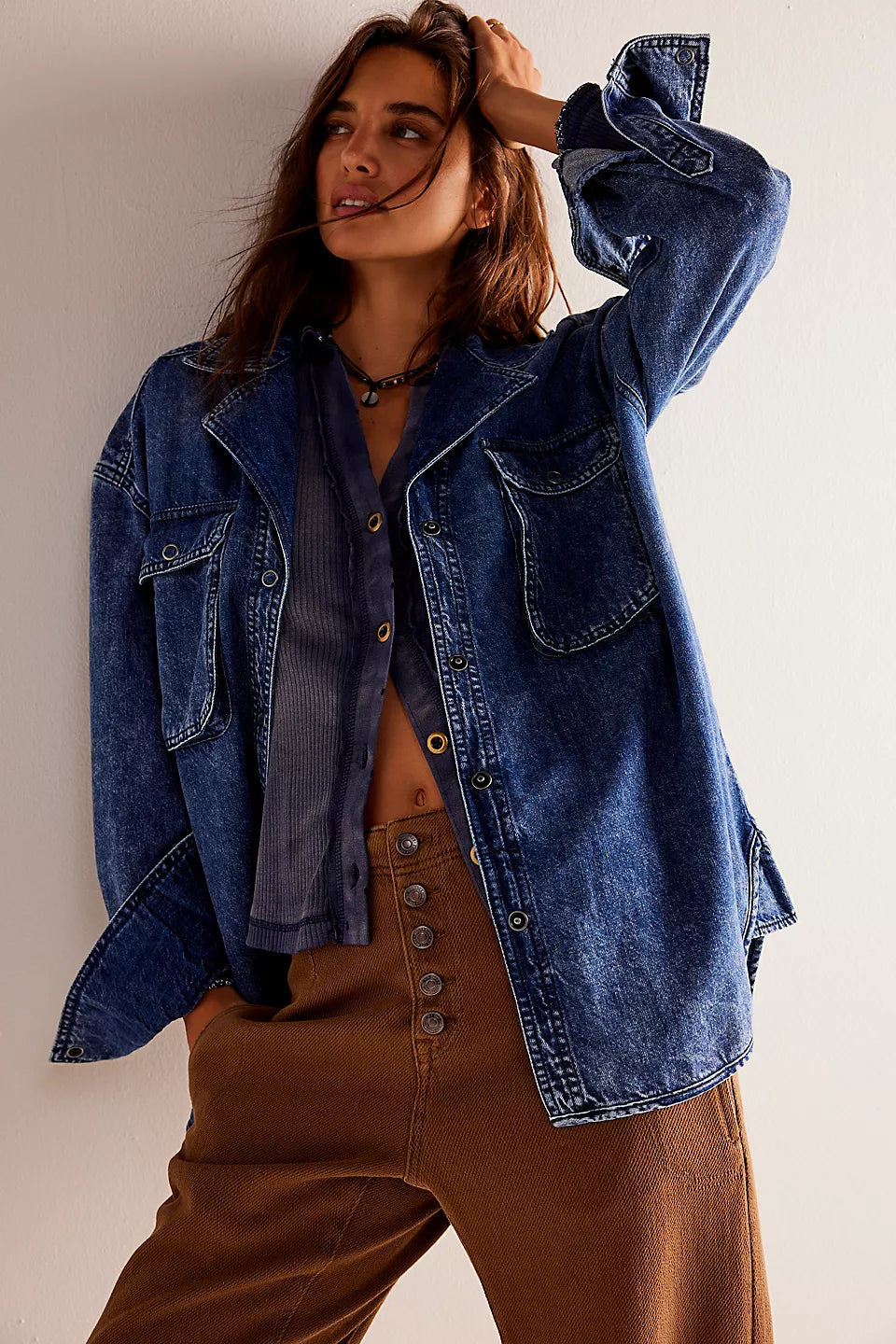 Free People We The Free Izzie Cargo Denim Shirt- Vintage Indigo Wash Spandex Blend Rayon Blend Denim Blend Free People We The Free Izzie Cargo Denim Shirt- Vintage Indigo Wash Spandex Blend Rayon Blend Denim Blend