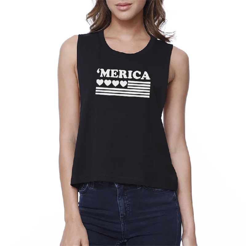 Heart 'Merica Flag Womens Black Cotton 4th of July Crop Shirt Idea Graphic T-Shirt Round Neck Polyester Heart 'Merica Flag Womens Black Cotton 4th of July Crop Shirt Idea Graphic T-Shirt Round Neck Polyester