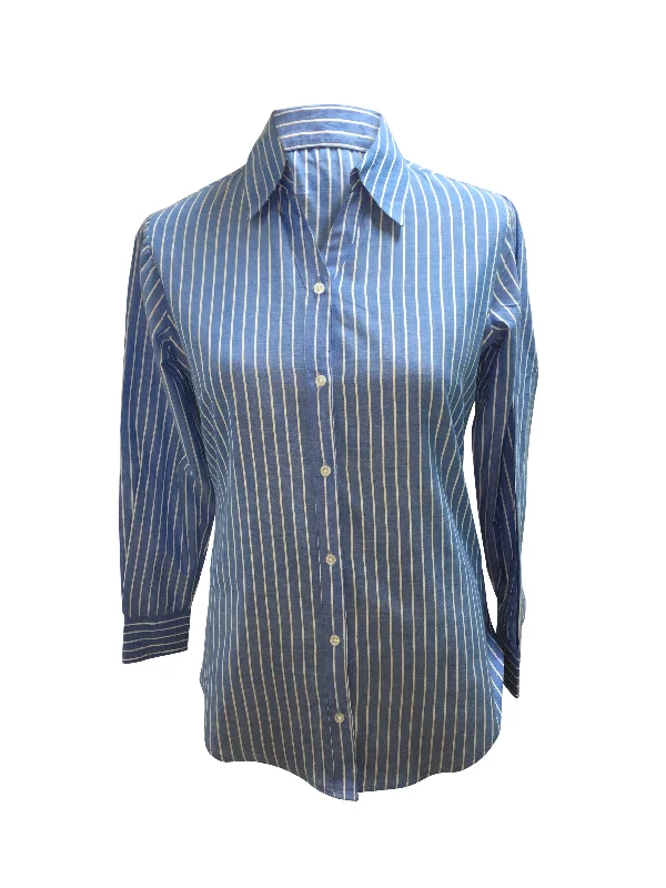 Ladies, Light Weight, Long sleeve, button back dark chambray blue/white stripe shirt. Style# 2030 Polka Dot Checkered Tartan Ladies, Light Weight, Long sleeve, button back dark chambray blue/white stripe shirt. Style# 2030 Polka Dot Checkered Tartan