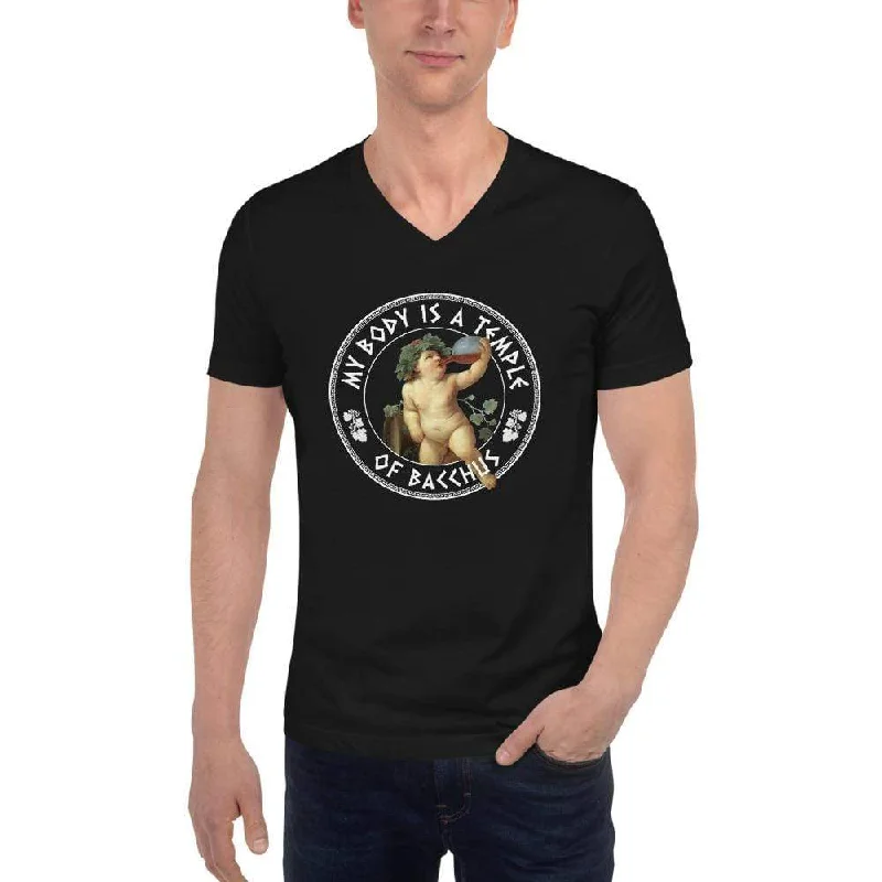 My Body Is A Temple Of Bacchus - Unisex V-Neck T-Shirt Spandex Blend Rayon Blend Denim Blend My Body Is A Temple Of Bacchus - Unisex V-Neck T-Shirt Spandex Blend Rayon Blend Denim Blend