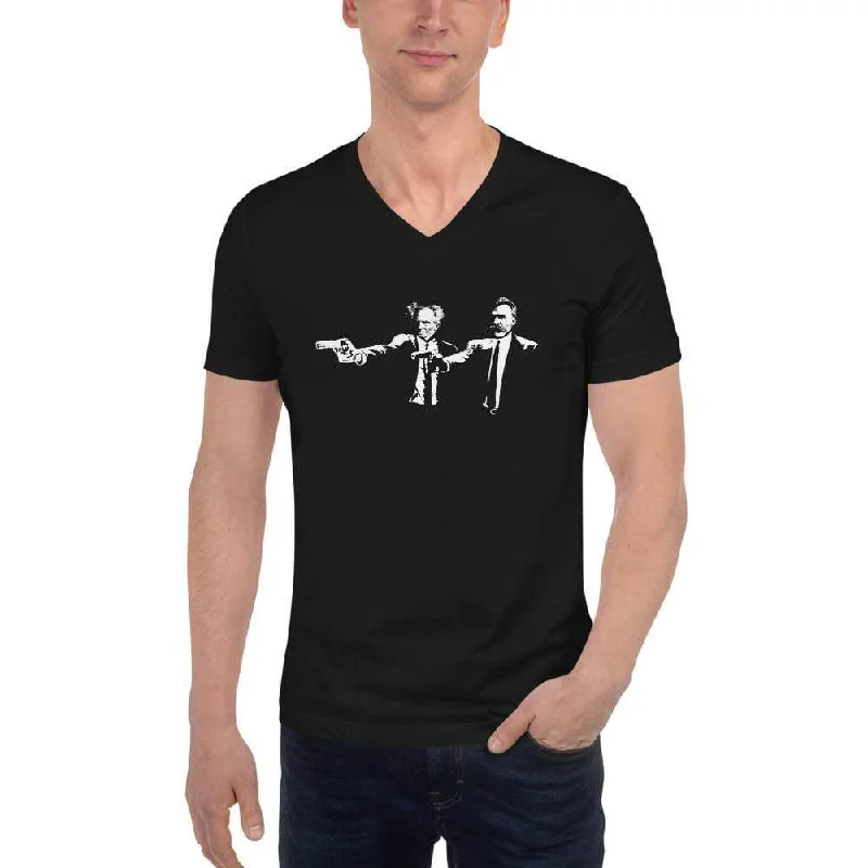 Philo Fiction - Schopenhauer & Nietzsche - Unisex V-Neck T-Shirt Striped Floral Plaid Philo Fiction - Schopenhauer & Nietzsche - Unisex V-Neck T-Shirt Striped Floral Plaid