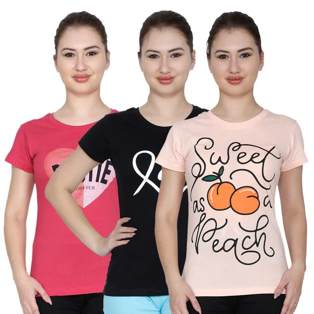 T.T. Women Printed Slim Fit Tshirt Pack Of 3 Peach::Black::Fuschia Layered Multi-layer Single Layer T.T. Women Printed Slim Fit Tshirt Pack Of 3 Peach::Black::Fuschia Layered Multi-layer Single Layer