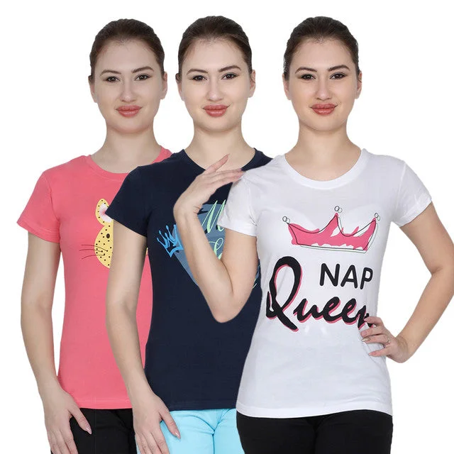 T.T. Women Printed Slim Fit Tshirt Pack Of 3 White::Navy::Coral Fitted T-Shirt Seamless Stretchy T.T. Women Printed Slim Fit Tshirt Pack Of 3 White::Navy::Coral Fitted T-Shirt Seamless Stretchy