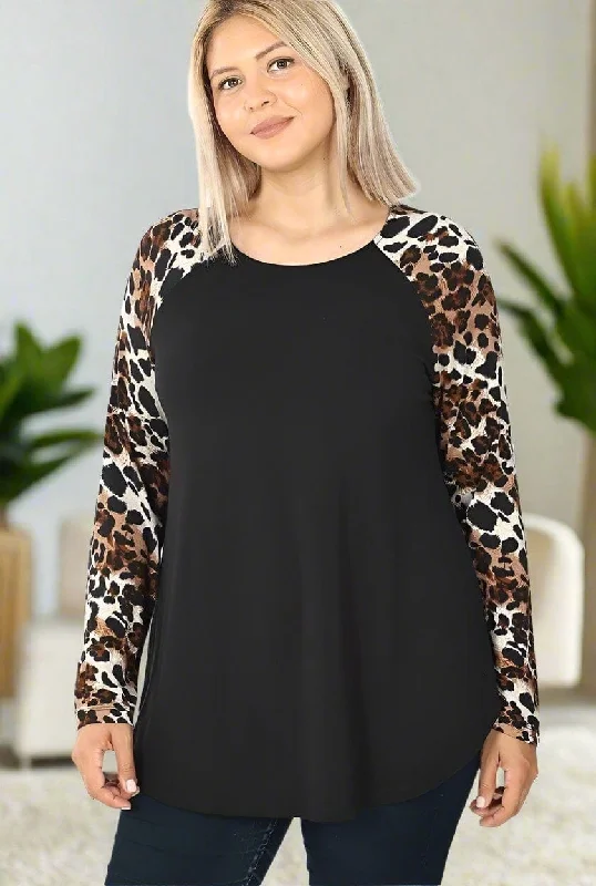 Womens Cheetah Sleeve Top, Long Sleeve Fall Raglan Shirt, Plus Sizes 1xl/2xl/3xl, Black/Brown Collared Crew Neck Turtle Neck Womens Cheetah Sleeve Top, Long Sleeve Fall Raglan Shirt, Plus Sizes 1xl/2xl/3xl, Black/Brown Collared Crew Neck Turtle Neck