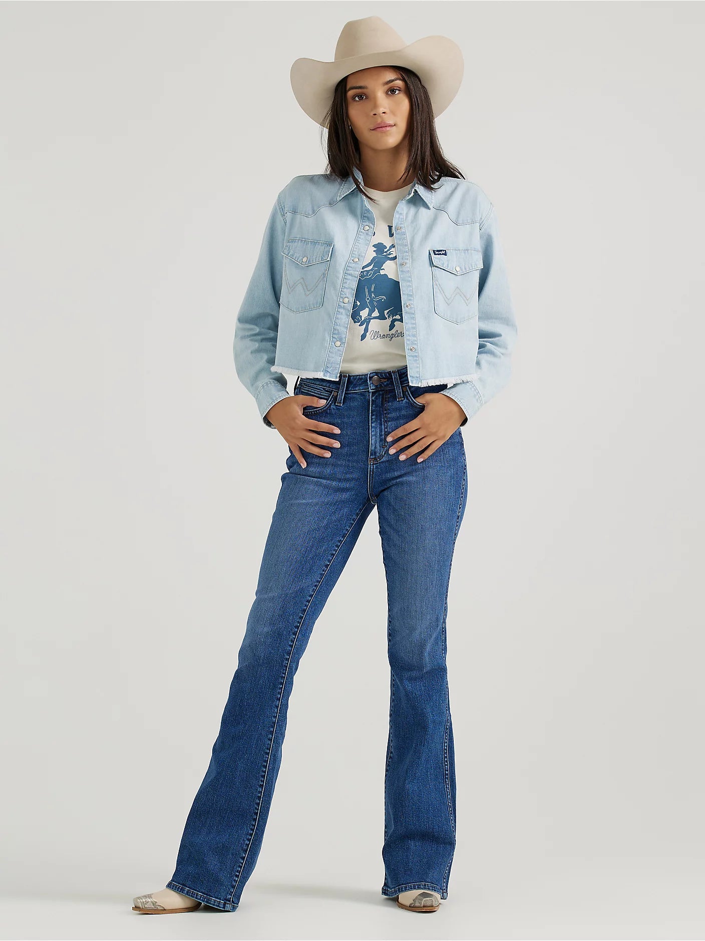 Women's Wrangler Cut-Off Denim Boyfriend Snap Shirt Zippered Front Buttoned Front Snap Front