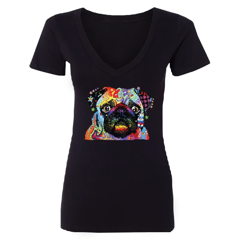Zexpa Apparelâ„¢ Official Dean Russo Colorful Pug Women's Deep V-neck Neon Cute Dog Tee Fleece Fabric Down Fabric Feather Fabric Zexpa Apparelâ„¢ Official Dean Russo Colorful Pug Women's Deep V-neck Neon Cute Dog Tee Fleece Fabric Down Fabric Feather Fabric