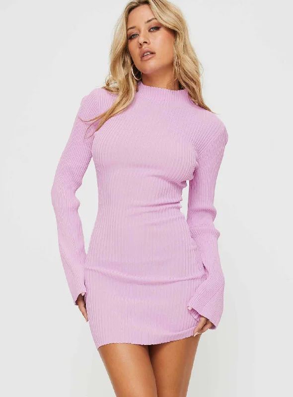 Bellimo Long Sleeve Mini Dress Pink Cozy Satin Mini Dress