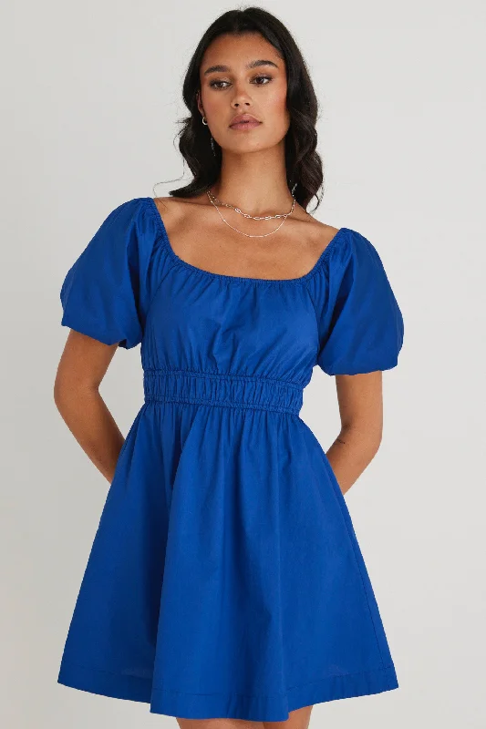 Blossom Azure Puff Sleeve Mini Dress Stylish Short-Sleeve Mini Dress