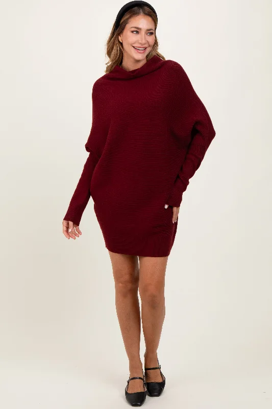 Burgundy Funnel Neck Dolman Sleeve Mini Dress Stylish Sweetheart Neck Mini Dress