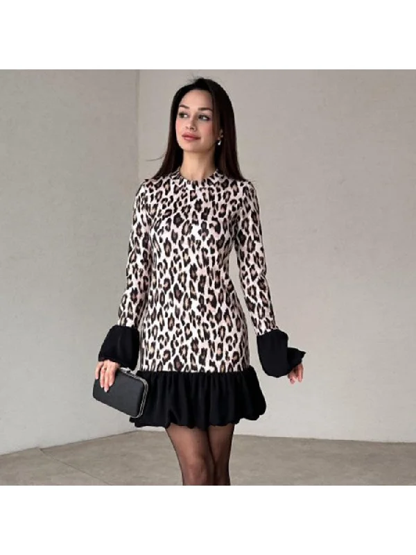 Colorblock Leopard Ruffle Mini Dress Cozy Ribbed Mini Dress