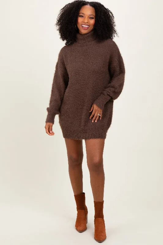 Cream Fuzzy Knit Turtleneck Sweater Mini Dress Classic Black Mini Dress