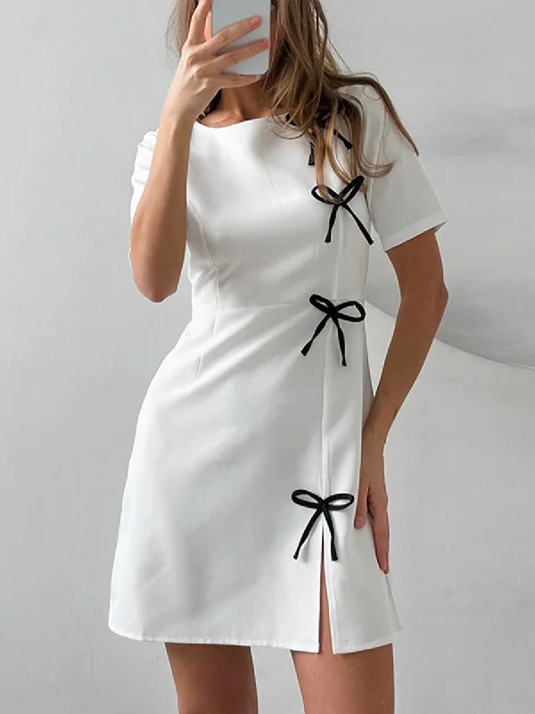 Crew Neck Slit Bow Decoration MIni Dress Trendy Off-Shoulder Dress Mini