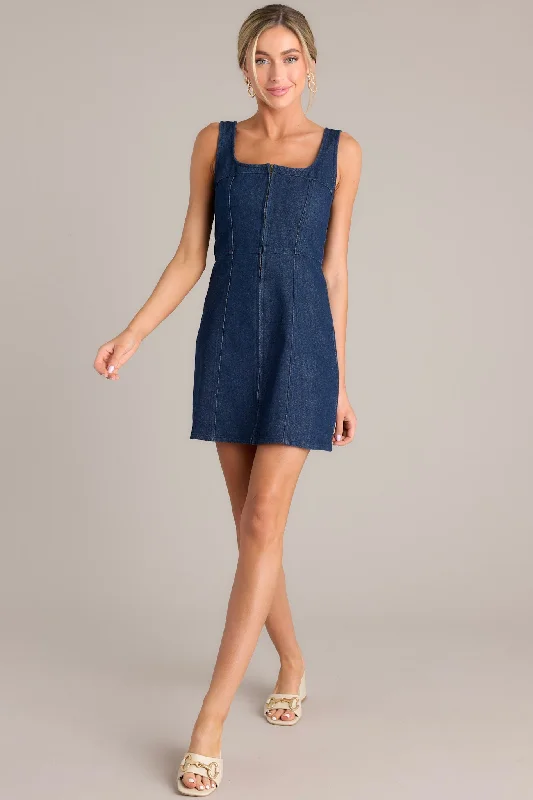 Escaping Shadows Dark Wash Denim Mini Dress Trendy Off-Shoulder Dress Mini