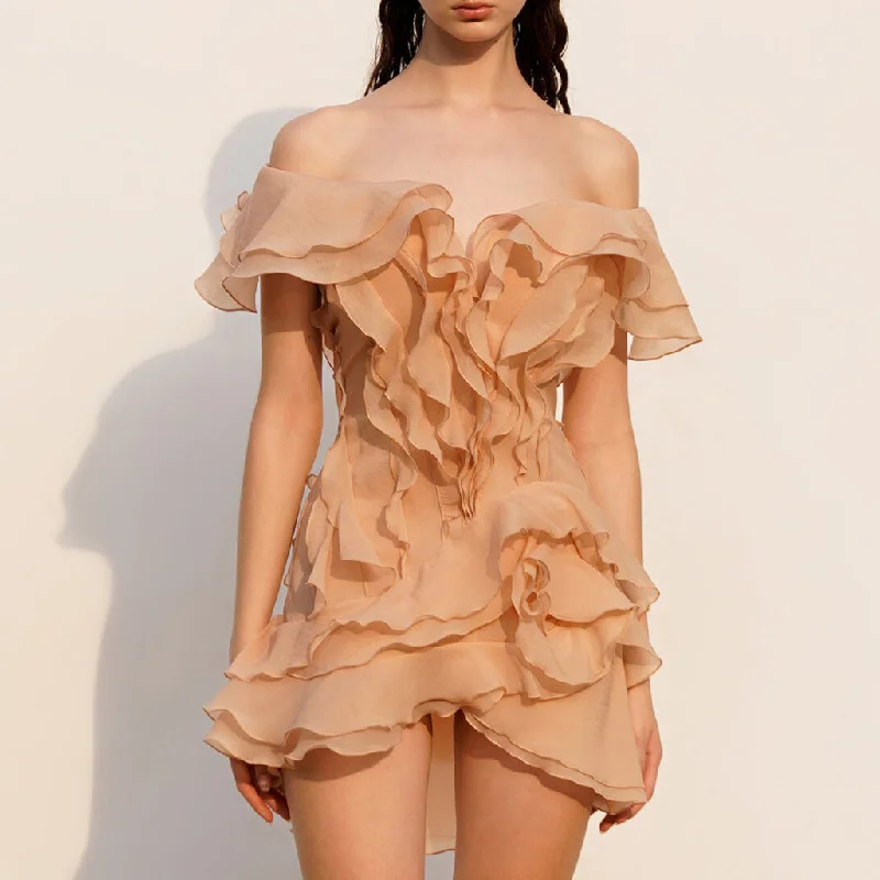 Ethereal Chiffon Deep V Off The Shoulder Layered Ruffle Rosette Mini Dress Comfortable Smocked Mini Dress