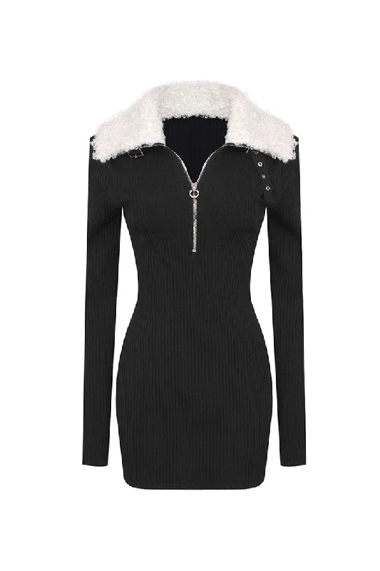 Fluffy Zipper Collar Long Sleeve Bodycon Ribbed Bandage Party Mini Dress Stylish Button-Down Mini Dress