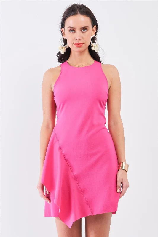 Hot-Pink Sleeveless Round Neck Fitted Asymmetrical Mini Dress Comfortable Linen Mini Dress