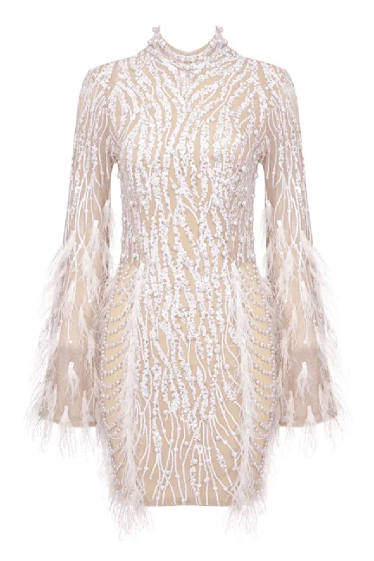 Lavish Feather Beaded Mock Neck Sheer Mesh Sequin Party Mini Dress Elegant Off-Shoulder Dress Mini