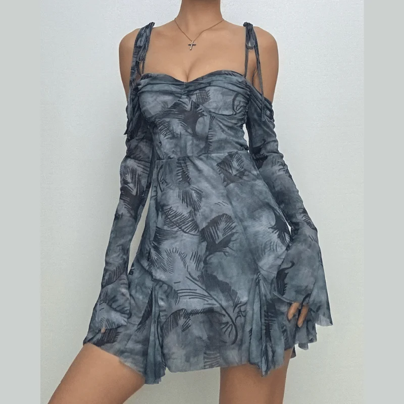 Long sleeve tie dye off shoulder ruched sweetheart neck self tie backless mini dress Comfortable Zip-Up Mini Dress