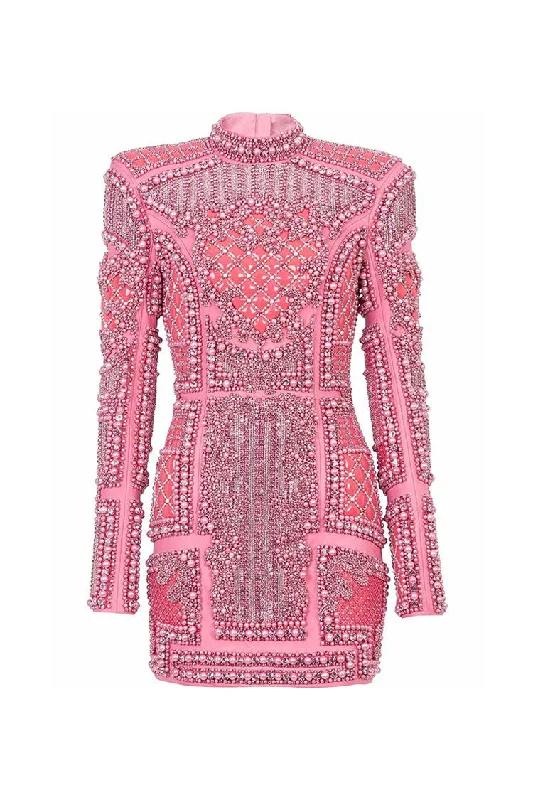 Luxury Jeweled Embellished High Neck Long Sleeve Sequin Party Mini Dress Comfortable One-Shoulder Mini Dress