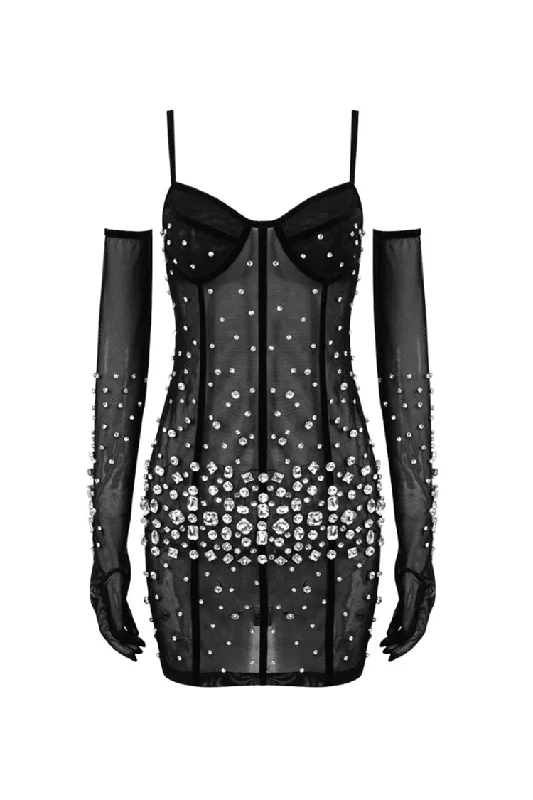 Luxury Rhinestone Glove Cami Bustier Sheer Mesh Party Micro Mini Dress Classic Striped Mini Dress