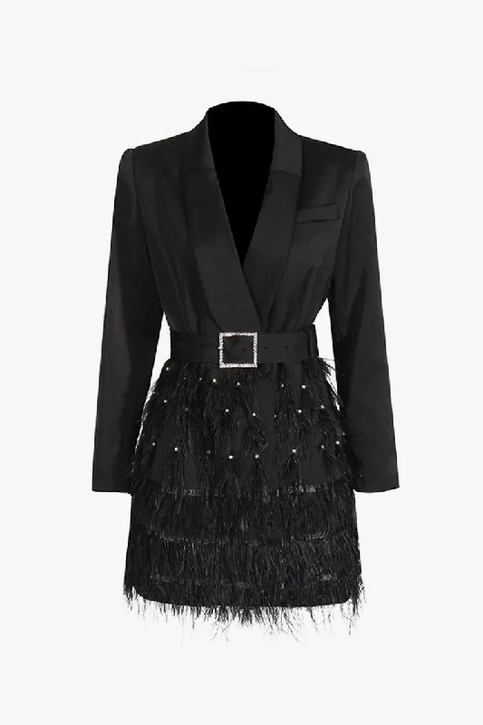 Luxury Shawl Collar Long Sleeve Belted Beaded Feather Blazer Mini Dress Elegant Mini Dress with Ruffles