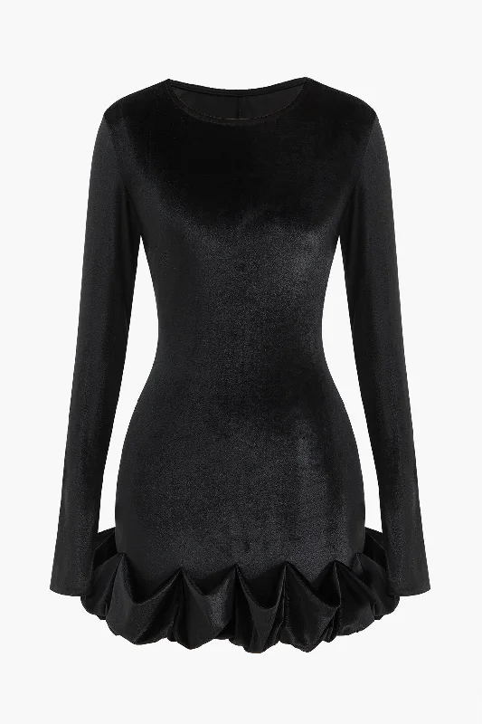 Velvet Long Sleeve Round Neck Mini Dress Trendy Tulle Mini Dress