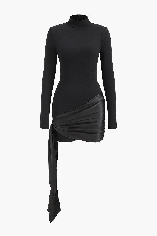 Tie Knot Long Sleeve Mini Dress Comfortable One-Shoulder Mini Dress