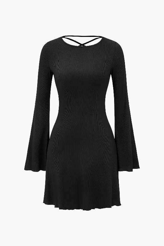 Bell Sleeve Back Lace Up Detail Mini Dress Fashionable Button-Front Mini Dress