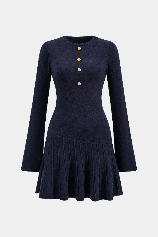 Asymmetrical Round Neck Long Sleeve Mini Dress Cozy Sweater Mini Dress