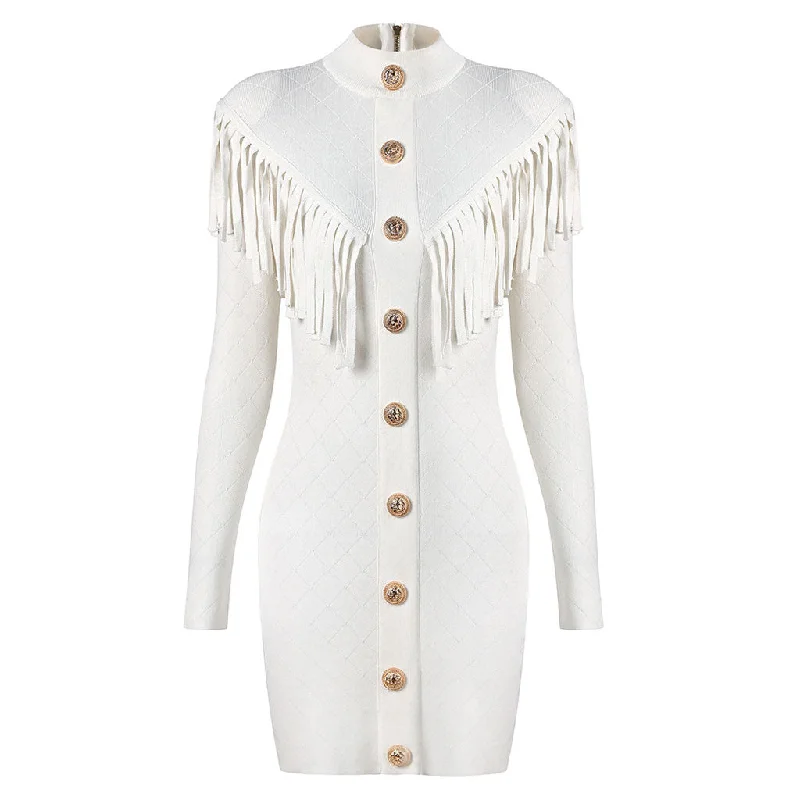 Military Mock Neck Metallic Button Fringe Long Sleeve Bodycon Sweater Mini Dress Trendy Button-Detail Mini Dress