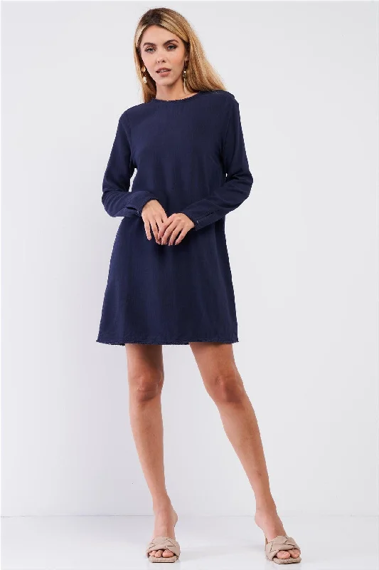 Plain Eco Navy Blue Linen Shredded Hem Detail Round Neck Relaxed Fit Long Sleeve Mini Dress Comfortable Zip-Up Mini Dress