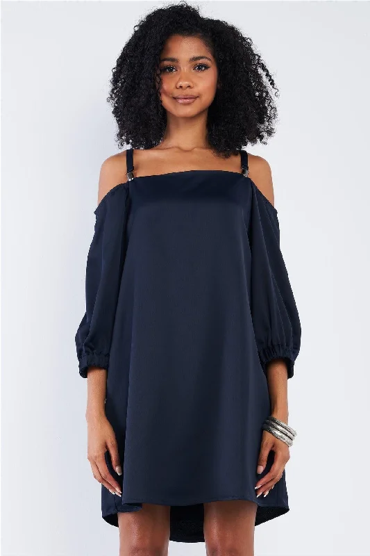 Silky Navy Blue Off-The-Shoulder Balloon Midi Sleeve Relaxed Fit Mini Dress Chic Mini Dress with V-Neck