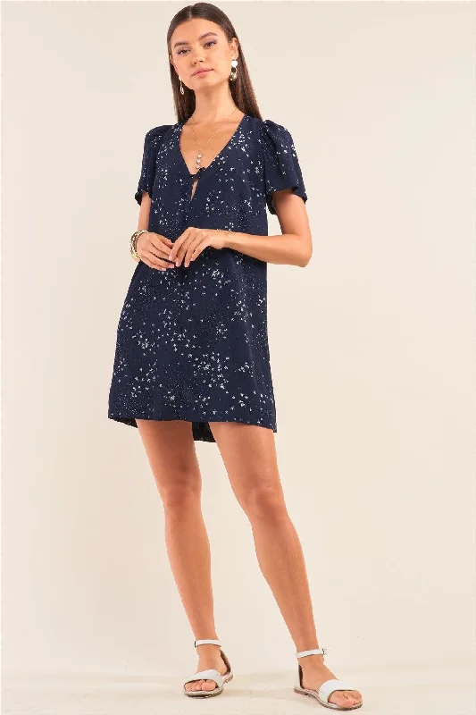 Star Print Loose Fit Deep Plunge V-Neck Mini Dress Classic Shift Mini Dress