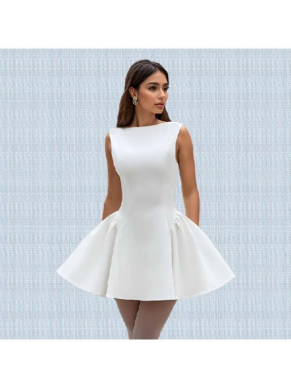 Plain Boat Neck Backless A-line Mini Dress Elegant Mini Dress with Pleats