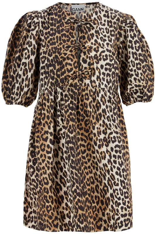 printed tie string poplin mini dress F9758 LEOPARD Classic Shift Mini Dress