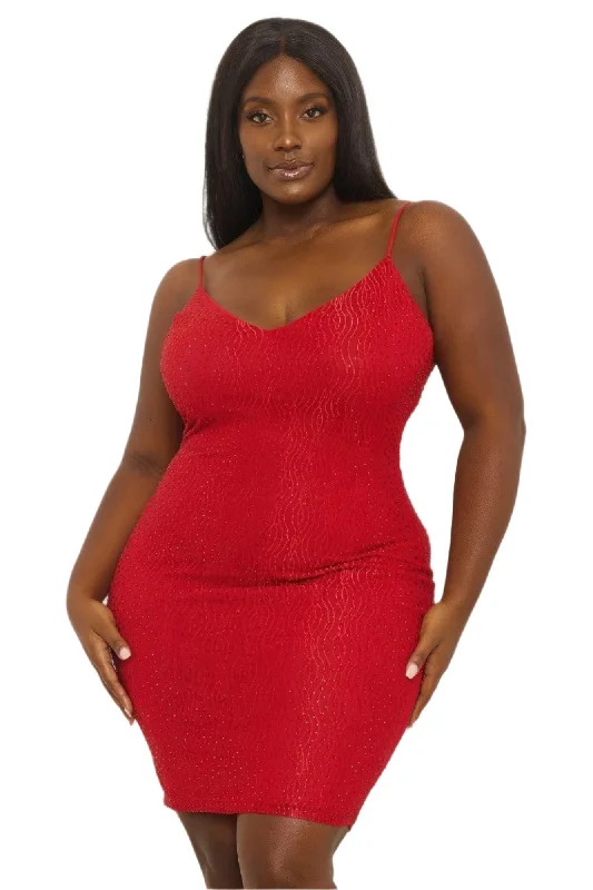 Red Rhinestone Body Plus Size Mini Dress Comfortable Fit-and-Flare Mini Dress