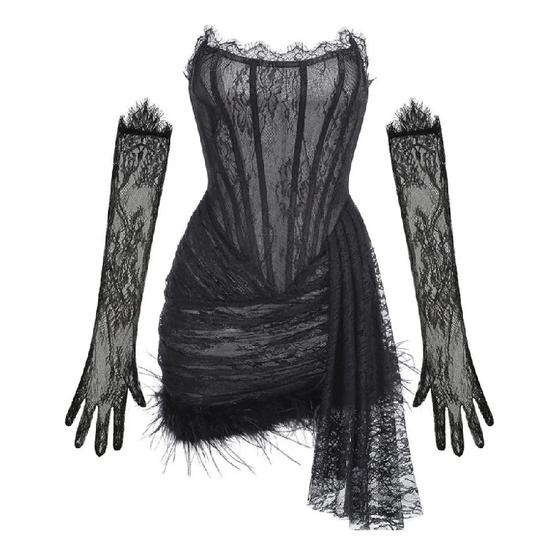 Romantic Lace Strapless Corset Drop Waist Draped Faux Feather Trim Mini Dress Comfortable Shift Mini Dress