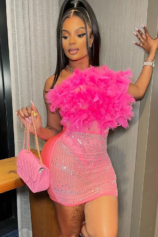 Sexy Rhinestone Sheer Mesh Panel Feather Strapless Party Mini Dress - Hot Pink Classic Floral Mini Dress