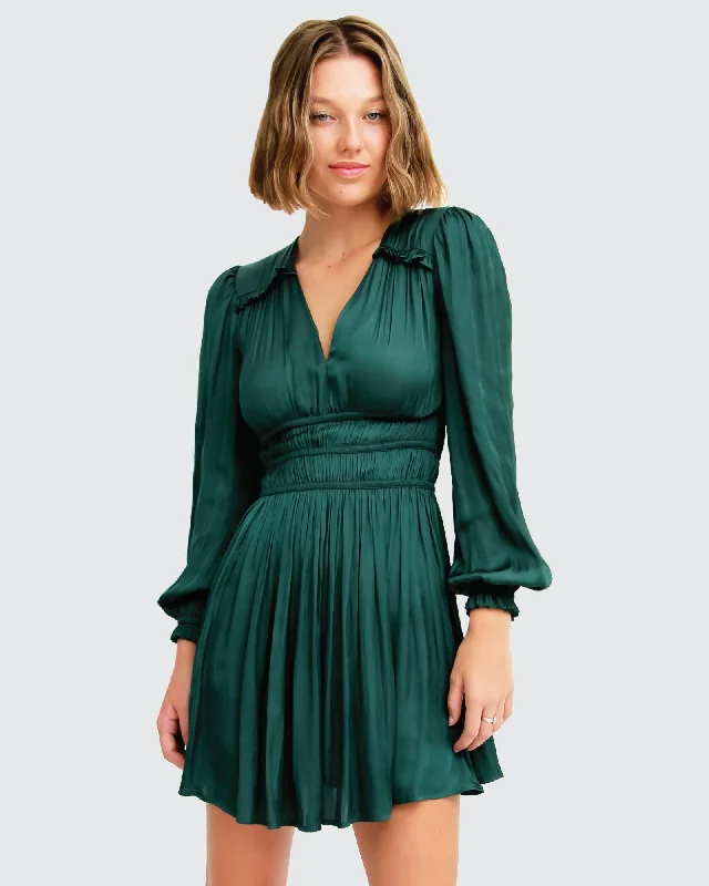 Shine Bright Ruched Mini Dress - Dark Green Trendy Denim Mini Dress