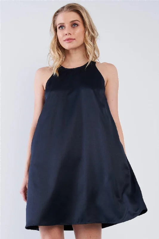 Solid Navy Blue Satin Front Cloth Back Sleeveless Loose Fit Mini Dress Trendy Mini Dress with Belt