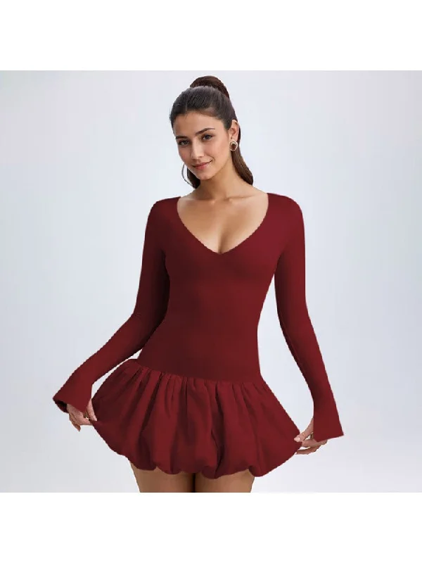 Solid V Neck Fitted Bubble Mini Dress Cozy Cotton Mini Dress