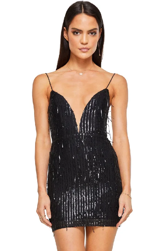 Sparkly Mesh Deep V Spaghetti Strap Sequin Fringe Mini Dress - Black Stylish Sweetheart Neck Mini Dress