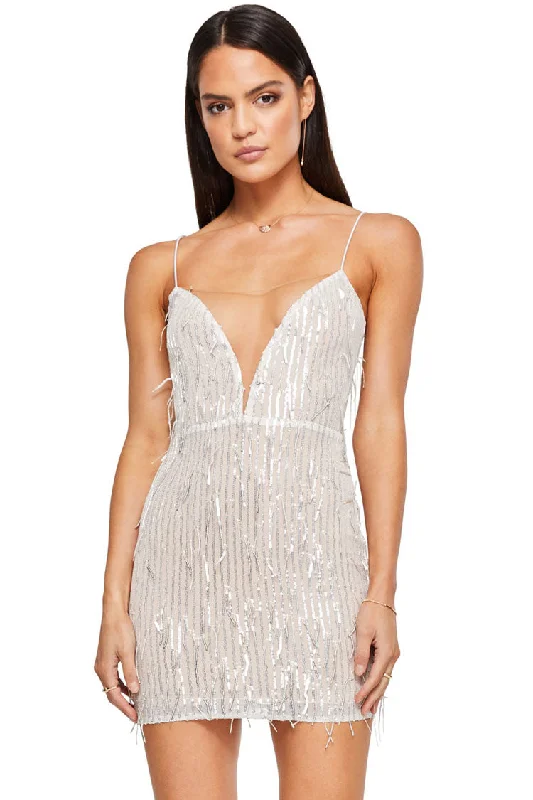 Sparkly Mesh Deep V Spaghetti Strap Sequin Fringe Mini Dress - Silver Cozy A-Line Mini Dress