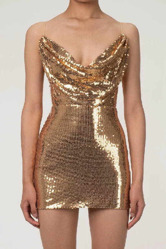 Sparkly Sequin Cowl Neck Cami Sleeveless Bodycon Club Micro Mini Dress Fashionable A-Line Mini Dress