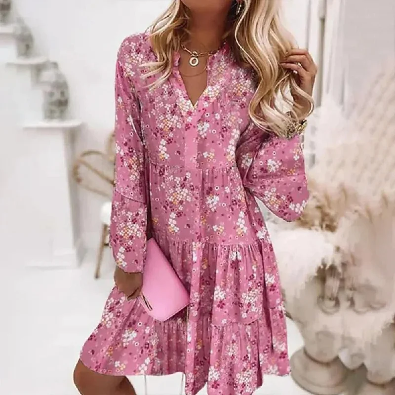 Sweet Pink Floral Print Mini Dress Stylish Short Sleeve Mini Dress