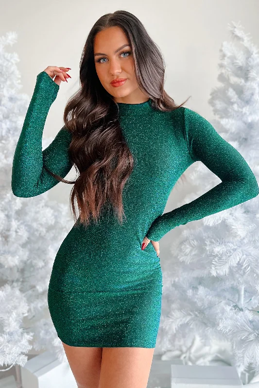 Taste Of Perfection Open Back Glittered Mini Dress (Metallic Green) Chic Pleated Mini Dress