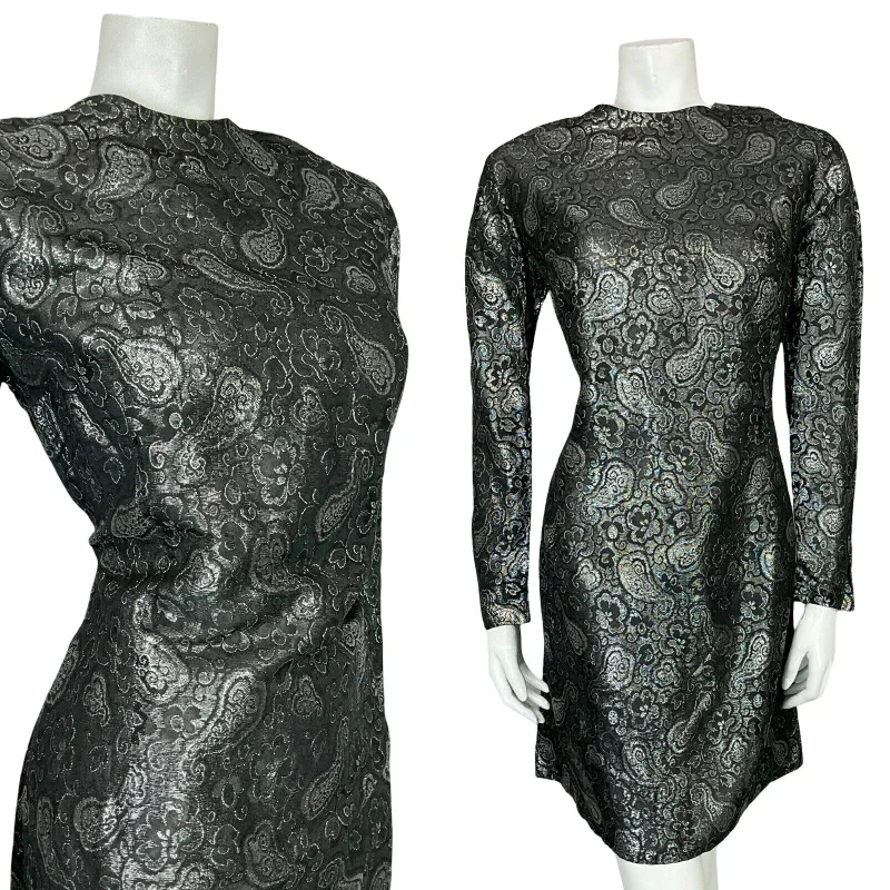 VTG 60S 70S GREY SILVER PAISLEY FLORAL BROCADE LONG SLEEVE PARTY MINI DRESS 14 Comfortable Off-Shoulder Mini Dress